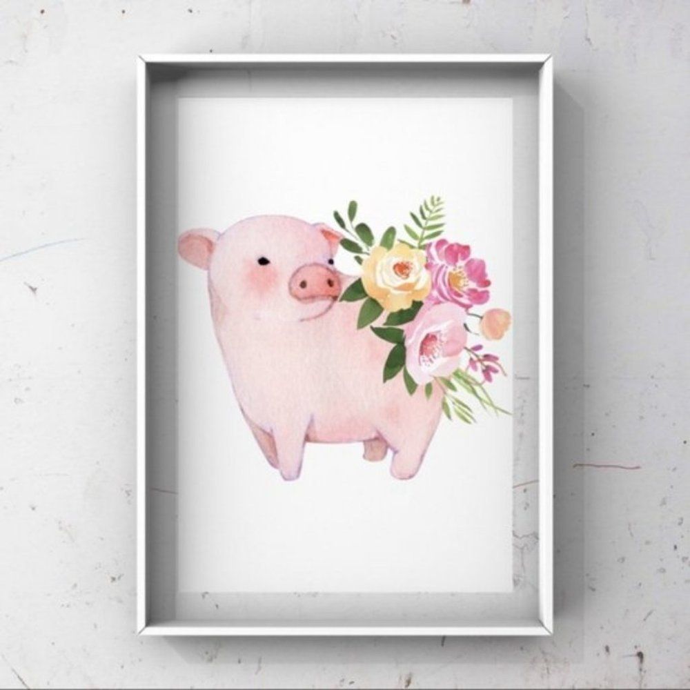 Watercolor piglet with flowers on back art print